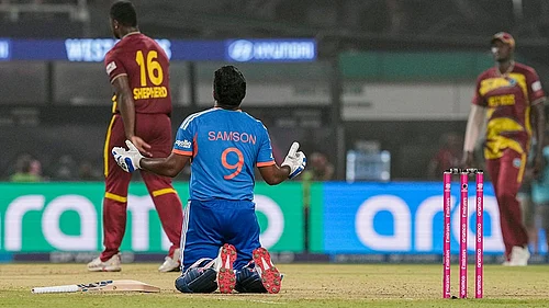 | Photo: PTI/Manvender Vashist Lav : Indias Sanju Samson, 9, reacts after winning in the ICC Mens T20 World Cup 2026 cricket match between India and West Indies, at the Eden Gardens, in Kolkata, West Bengal.