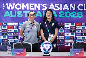 India head coach Amelia Valverde and captain Sweety Devi Ngangbam in the pre-match press conference of the AFC Women's Asian Cup match against Vietnam in Perth on March 3, 2026.
