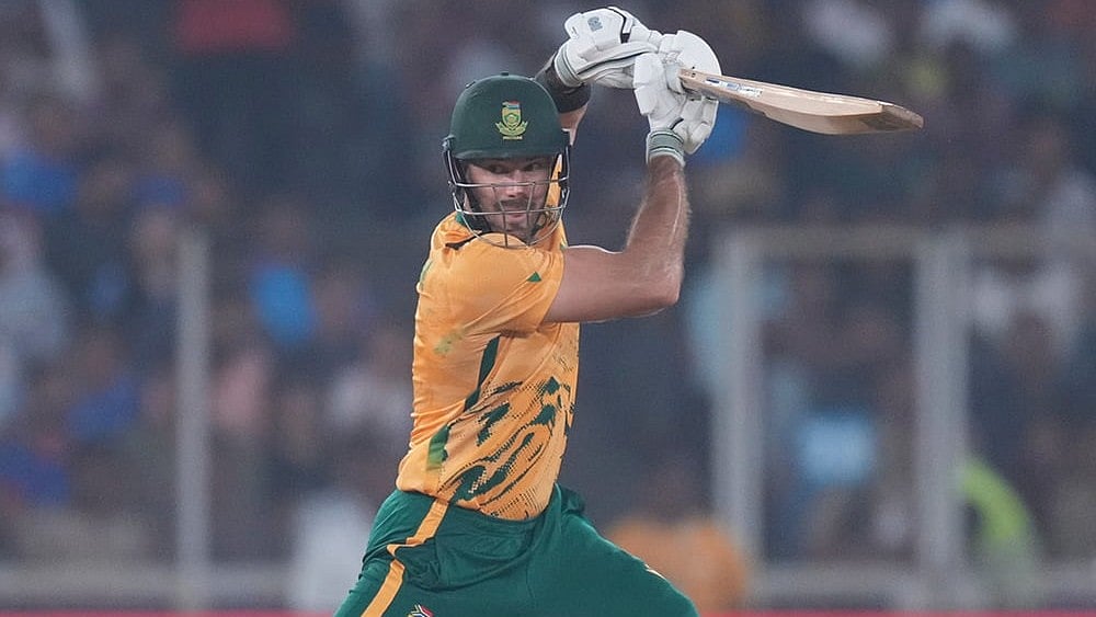 | Photo: AP/Ajit Solanki : South Africas captain Aiden Markram plays a shot during the T20 World Cup cricket match between South Africa and New Zealand in Ahmedabad.