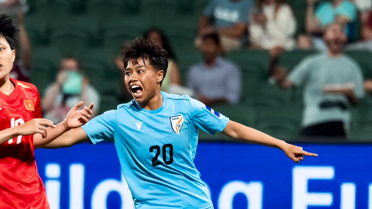 IndianFootball : Sanfida Nongrum celebrates after scoring a goal against Vietnam in AFC Women's Asian Cup 2026. 