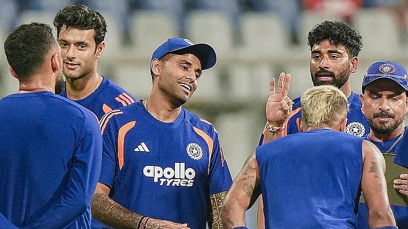 PTI : Indias captain Suryakumar Yadav, centre, with teammates during a training session ahead of the ICC T20 World Cup 2026 semi-final against England in Mumbai.