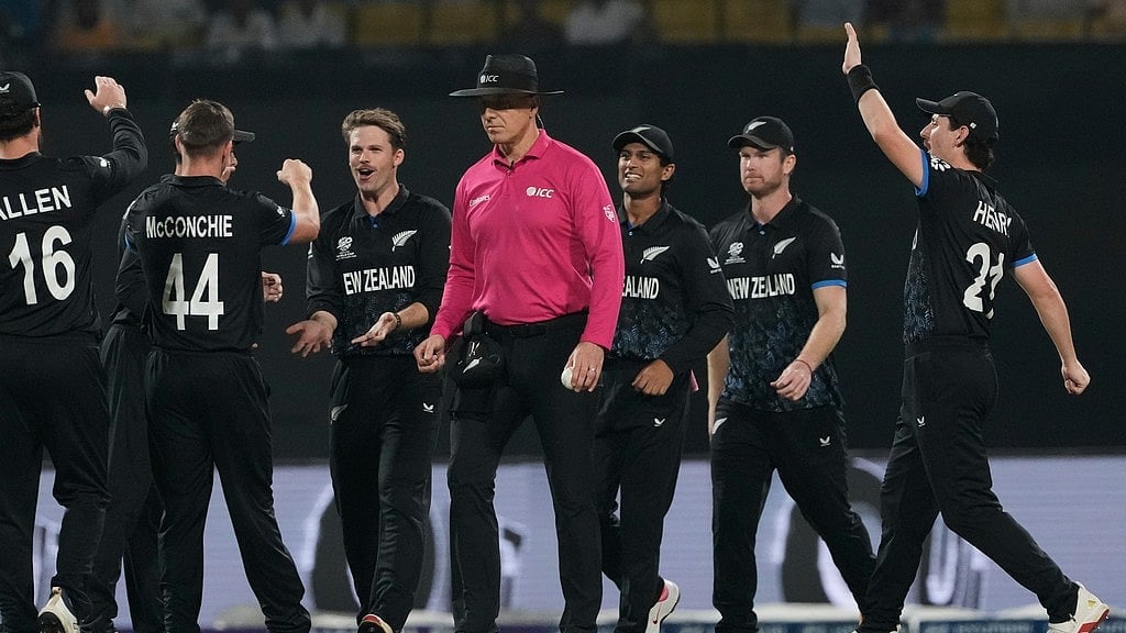 AP Photo/Anupam Nath : Richard Illingworth and Alex Wharf will handle the on-field umpiring duties in the T20 World Cup final between India and New Zealand on Sunday, March 6, 2026.