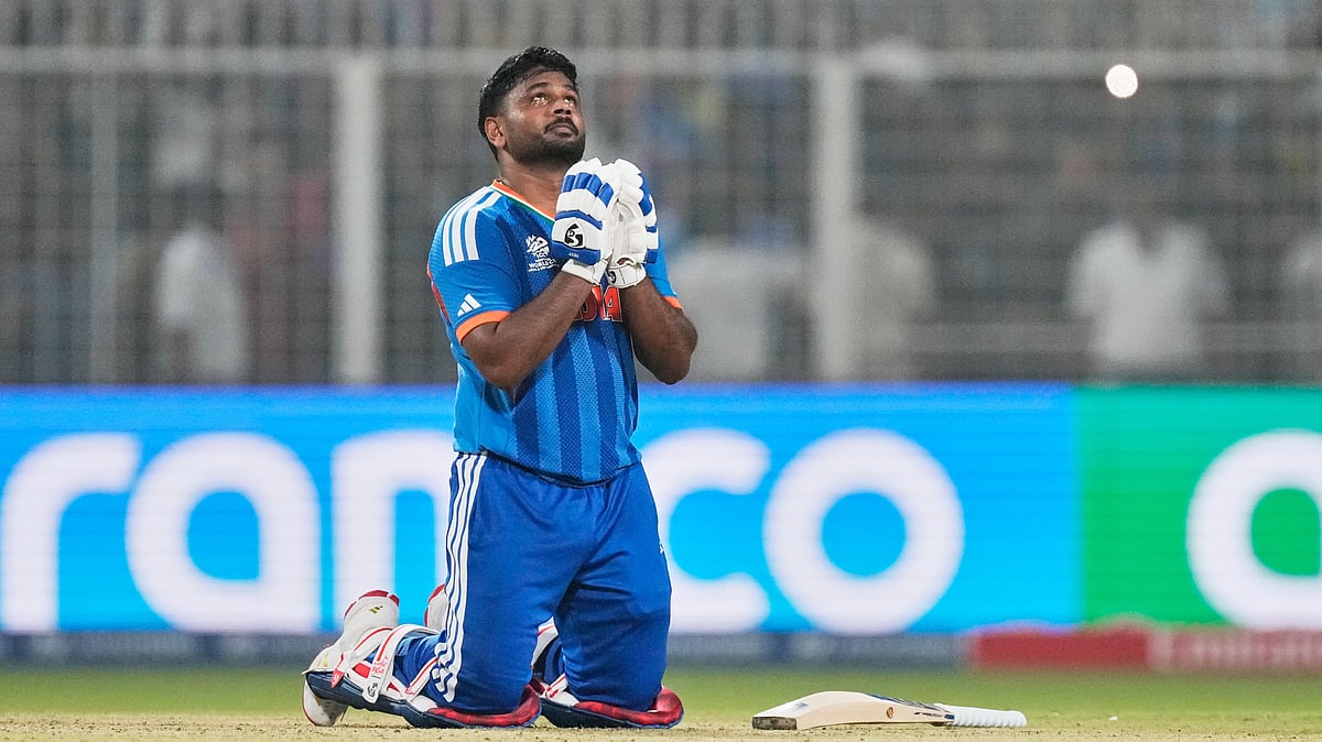 (AP Photo/Bikas Das) : Indias Sanju Samson looks to the heavens after India won the T20 World Cup cricket match against West Indies in Kolkata, India, Sunday, March 1, 2026. 