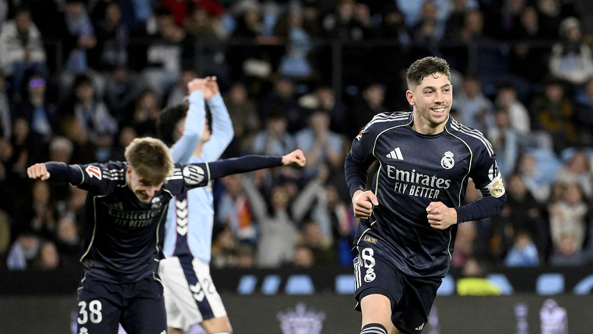 Federico Valverde celebrates his winner for Real Madrid against Celta Vigo.