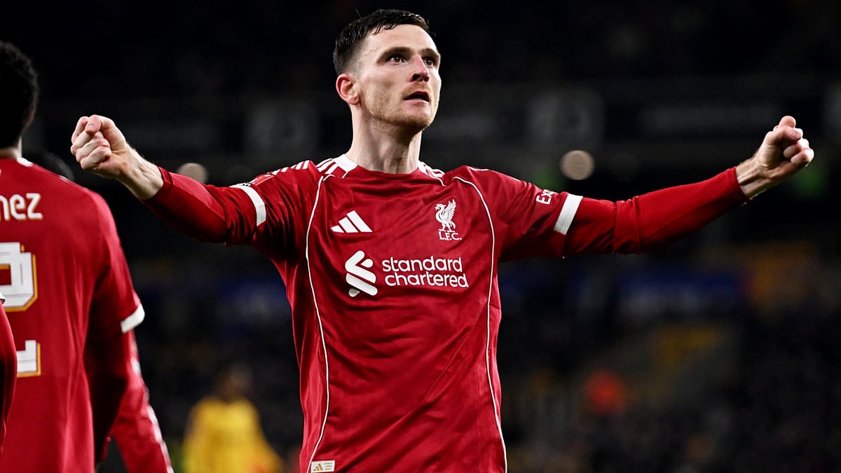 Andrew Robertson celebrates his goal for Liverpool against Wolves in the FA Cup