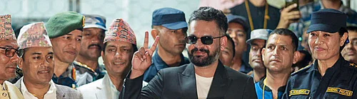 Photo: PTI : Balendra Shah, a candidate of the Rastriya Swatantra Party (RSP) from Jhapa Constituency-5, shows a certificate at the Election Commission premises after winning the constituency in the Nepal general elections, in Jhapa, Nepal. Balendra Shah Balen defeated four-time prime minister K P Sharma Oli by a huge margin of about 50,000 votes.