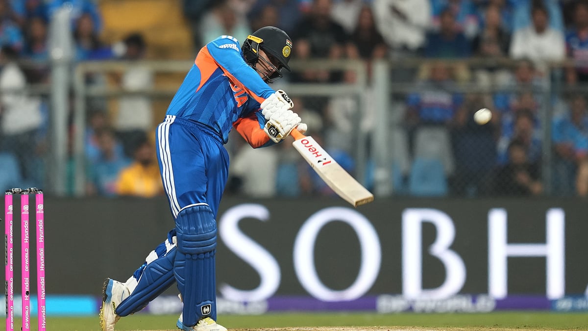 (AP Photo/Rafiq Maqbool) : Indias Abhishek Sharma plays a shot during the T20 World Cup cricket semi-final match between India and England in Mumbai, India, Thursday, March 5, 2026. 