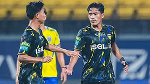 | Photo: Instagram/indiansuperleague : Kerala Blasters' Maheson Tongbram Singh celebrates with Imran Khan after the opening goal against Chennaiyin FC during their Indian Super League match on March 7, 2026.