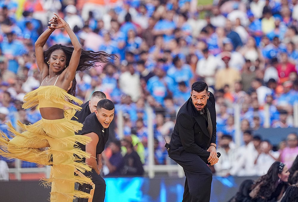 | Photo: PTI/Kunal Patil : Puerto Rican singer Ricky Martin performs before the start of the ICC Mens T20 World Cup 2026 final cricket match between India and New Zealand at Narendra Modi Stadium, in Ahmedabad, Gujarat.