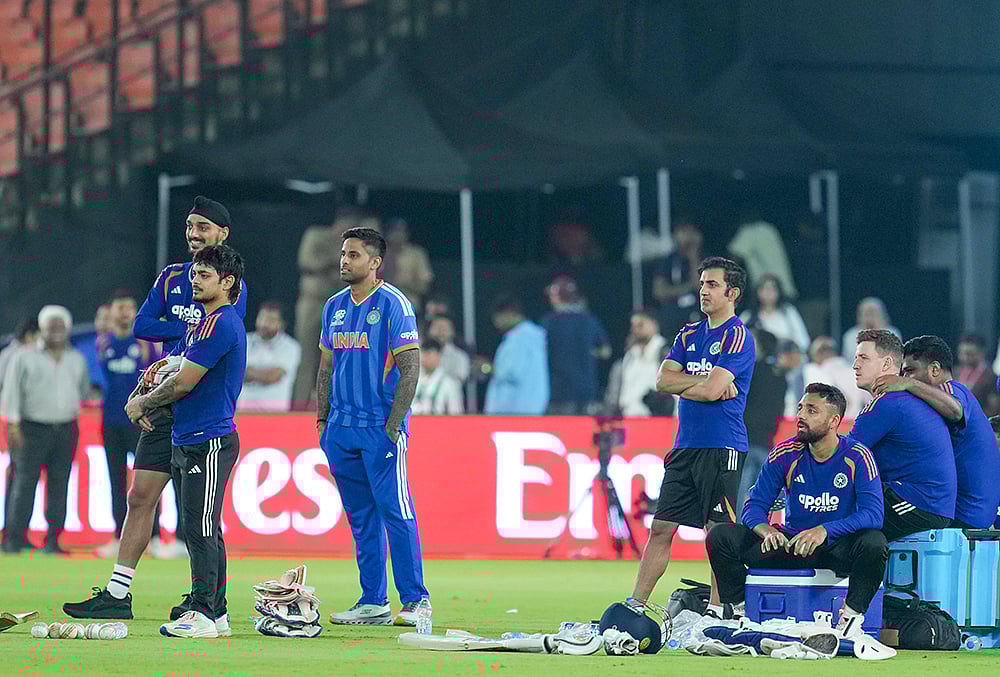 | Photo: PTI/Shailendra Bhojak : Indias captain Suryakumar Yadav, Arshdeep Singh, Ishan Kishan and others during a training session on the eve of the ICC Mens T20 World Cup 2026 final cricket match between India and New Zealand, at the Narendra Modi Stadium in Ahmedabad, Gujarat.
