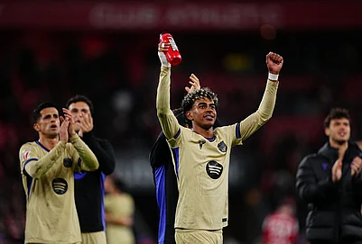 | Photo: AP/Miguel Oses : Barcelonas Lamine Yamal celebrates at the end of the Spanish La Liga soccer match between Athletic Bilbao and Barcelona in Bilbao, Spain.