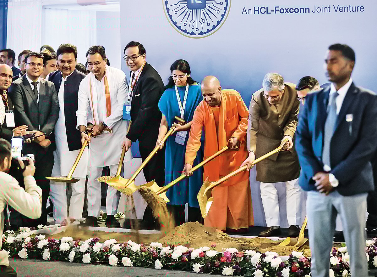 CM Yogi Adityanath and other dignitaries at the HCL-Foxconn joint venture groundbreaking ceremony