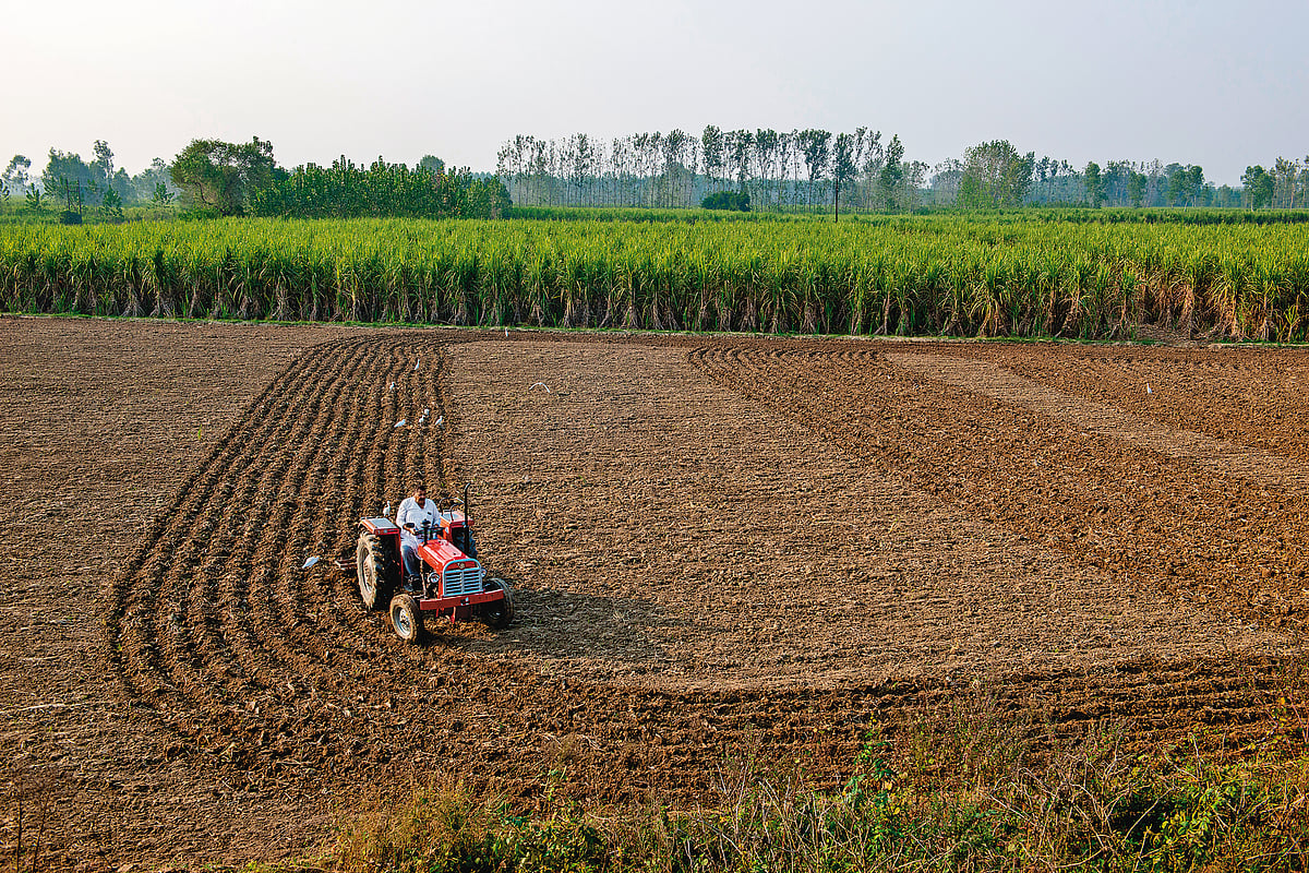 A tractor tills farmland while birds follow across a rural agricultural landscape in UP
