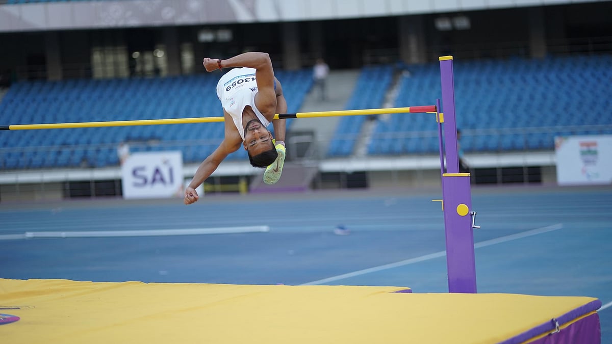 Credit: Paralympic Committee of India : Praveen Kumar competes in Mens T44 High Jump during the World Para Athletics Grand Prix 2026 in New Delhi