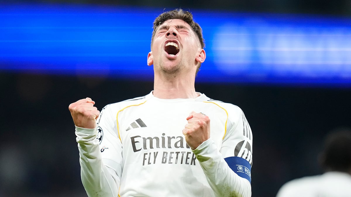(AP Photo/Jose Breton) : Real Madrid's Federico Valverde celebrates after scoring during a first leg round of 16 Champions League soccer match between Real Madrid and Manchester City in Madrid, Spain, Wednesday, March 11, 2026. 