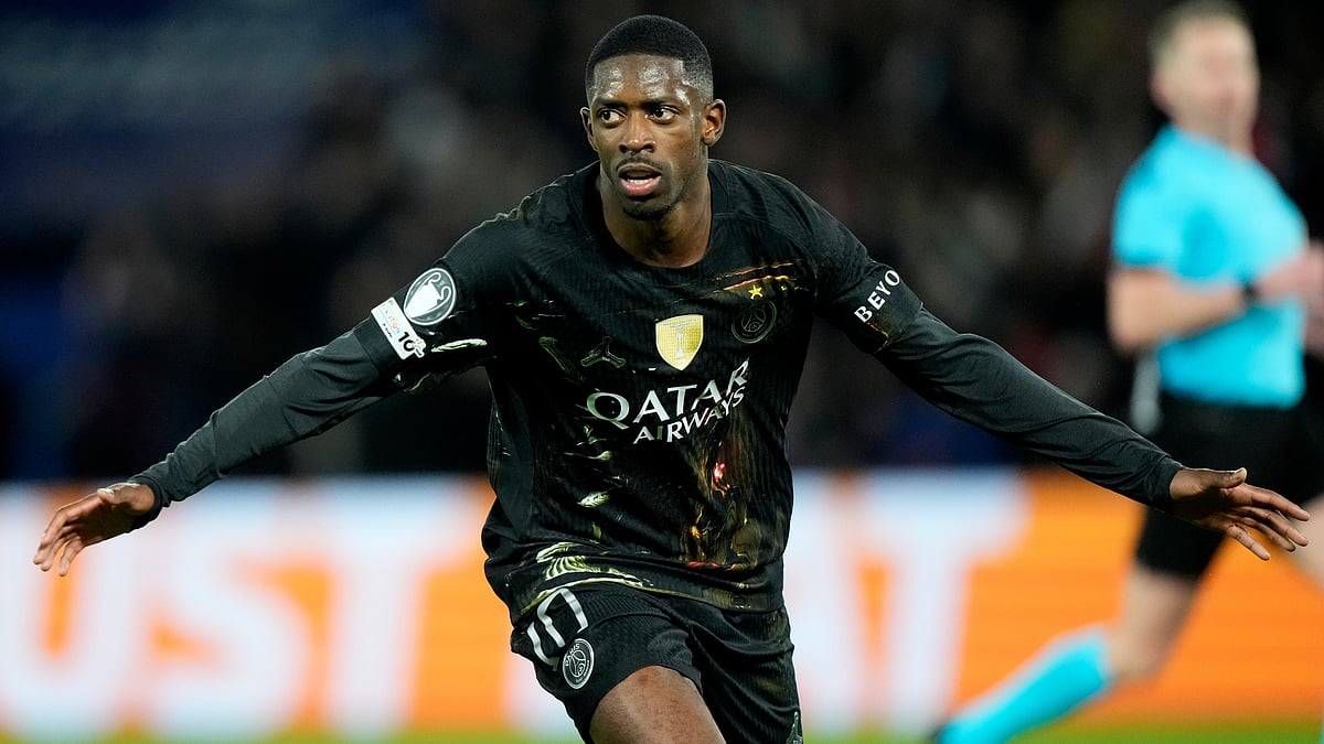 | Photo: AP/Michel Euler : PSG's Ousmane Dembele celebrates after scoring his side's second goal during the first leg of the Champions League round of 16 soccer match between Paris Saint-Germain and Chelsea, in Paris, Wednesday, March 11, 2026. 