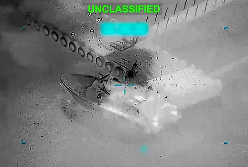 | Photo: US Central Command/X via PTI : Explosions are seen as US forces strike an Iranian vessel near the Strait of Hormuz. US says it destroyed 16 mine-laying vessels as Iran threatens to block Gulf oil exports.