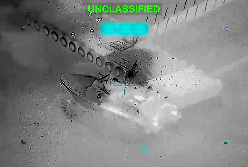 | Photo: US Central Command/X via PTI : Explosions are seen as US forces strike an Iranian vessel near the Strait of Hormuz. US says it destroyed 16 mine-laying vessels as Iran threatens to block Gulf oil exports.