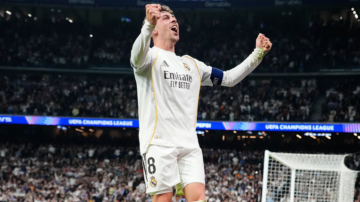 | Photo: AP/Jose Breton : Real Madrid's Federico Valverde celebrates after scoring during a first leg round of 16 Champions League soccer match between Real Madrid and Manchester City in Madrid, Spain, Wednesday, March 11, 2026.