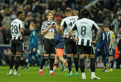 | Photo: AP/Jon Super : Newcastles Anthony Gordon, center, reacts after the Champions League round of 16 first leg soccer match between Newcastle United and Barcelona in Newcastle , England.