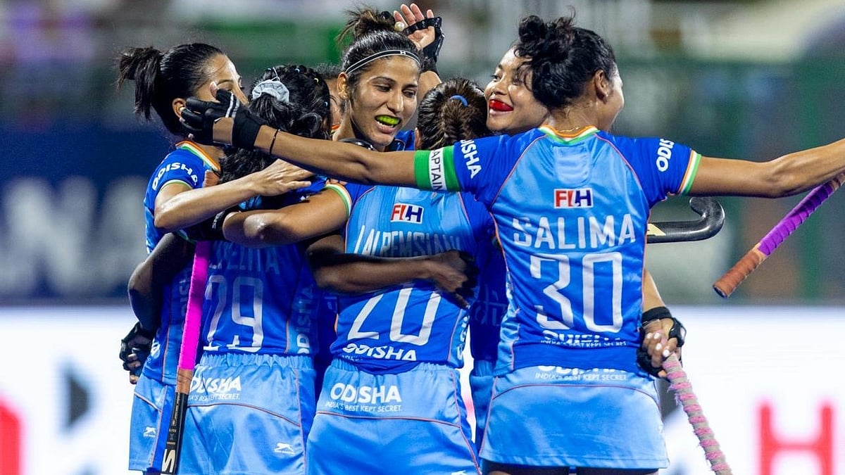 Hockey India : India Women celebrating victory in Pool game during FIH Womens Hockey World Cup qualifiers 2026. 