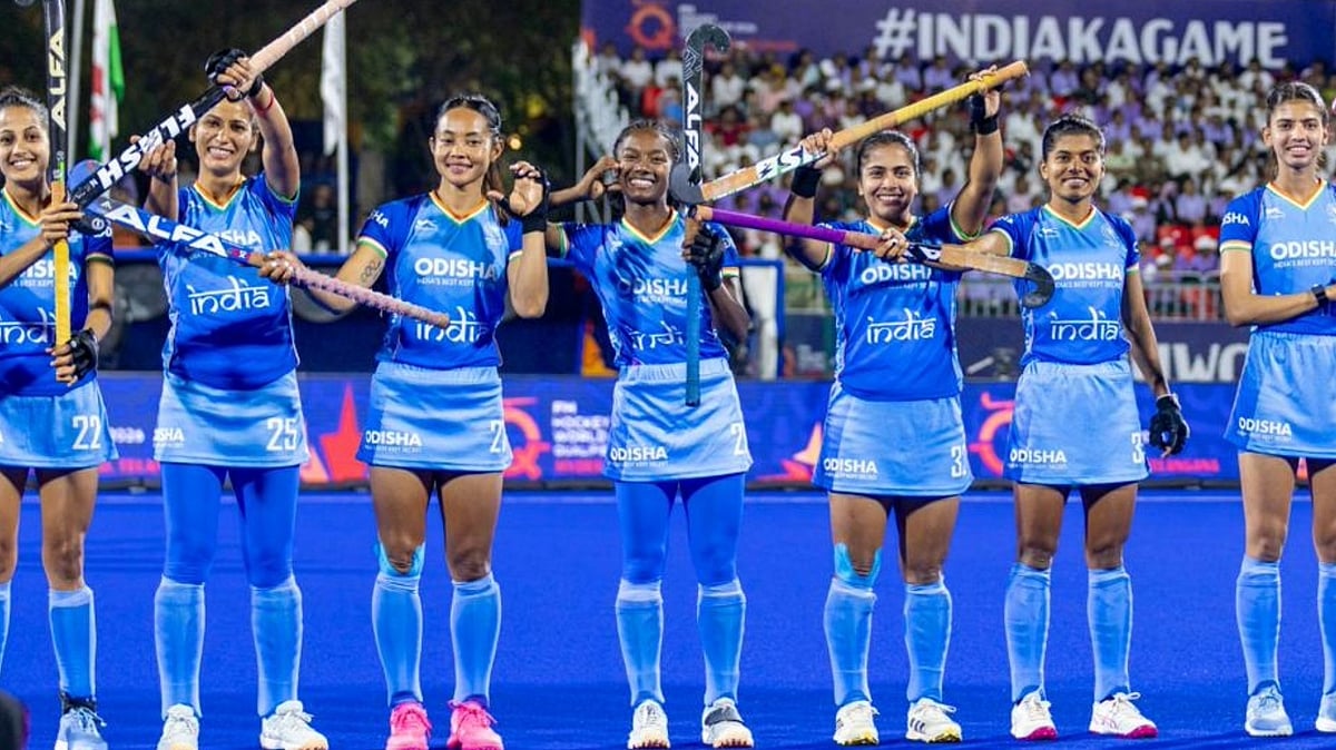 | Photo: X/TheHockeyIndia : India players during the last FIH Womens Hockey World Cup Qualifiers match against Wales.