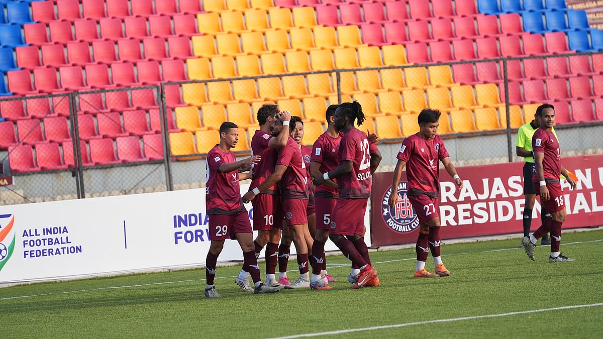 | Photo: AIFF : Rajasthan United FC players celebrating a goal during the Indian Football League match against Namdhari FC on March 13, 2026.