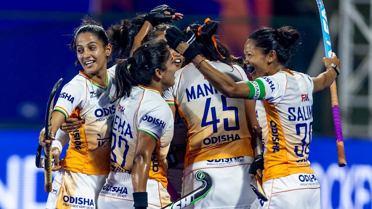 | Photo: Hockey India : India players celebrate after Manishas goal during the FIH Womens Hockey World Cup Qualifiers against Italy on March 13, 2026.