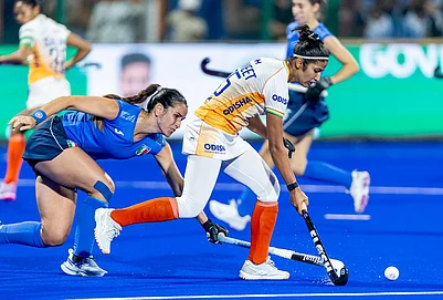 | Photo Credit: Hockey India : Indias Navneet Kaur in action against Italy during the FIH Womens Hockey World Cup Qualifiers match on March 13, 2026.