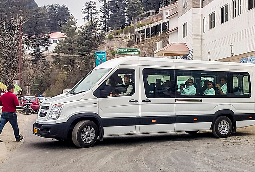 | Photo: PTI : Congress leaders leave for Chail ahead of the polling for two Rajya Sabha seats in Haryana, in an attempt to keep the flock together, in Shimla.