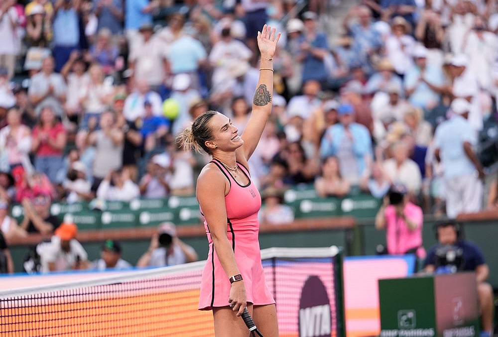 | Photo: AP/Mark J. Terrill : Aryna Sabalenka, of Belarus, celebrates after defeating Linda Noskova, of the Czech Republic, during a semifinal match at the BNP Paribas Open tennis tournament in Indian Wells, California. 