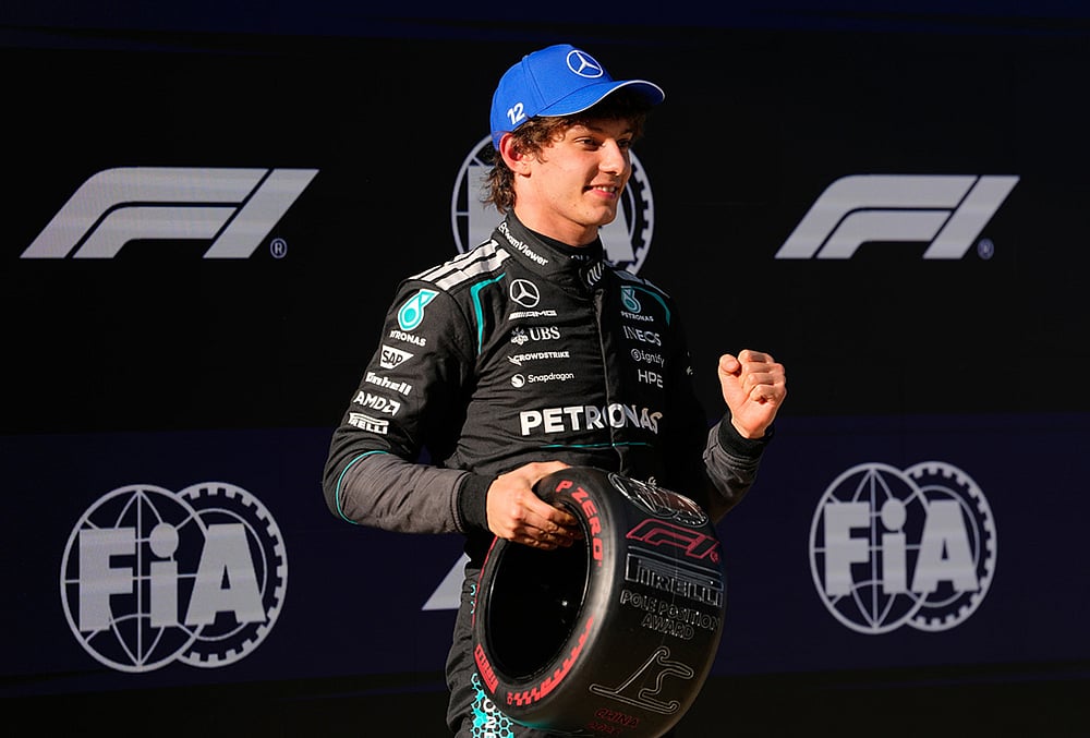 | Photo: AP/Vincent Thian : Mercedes driver Andrea Kimi Antonelli of Italy gestures after getting the pole position during the qualifying session of the Chinese Formula One Grand Prix at the Shanghai International Circuit, in Shanghai, China.