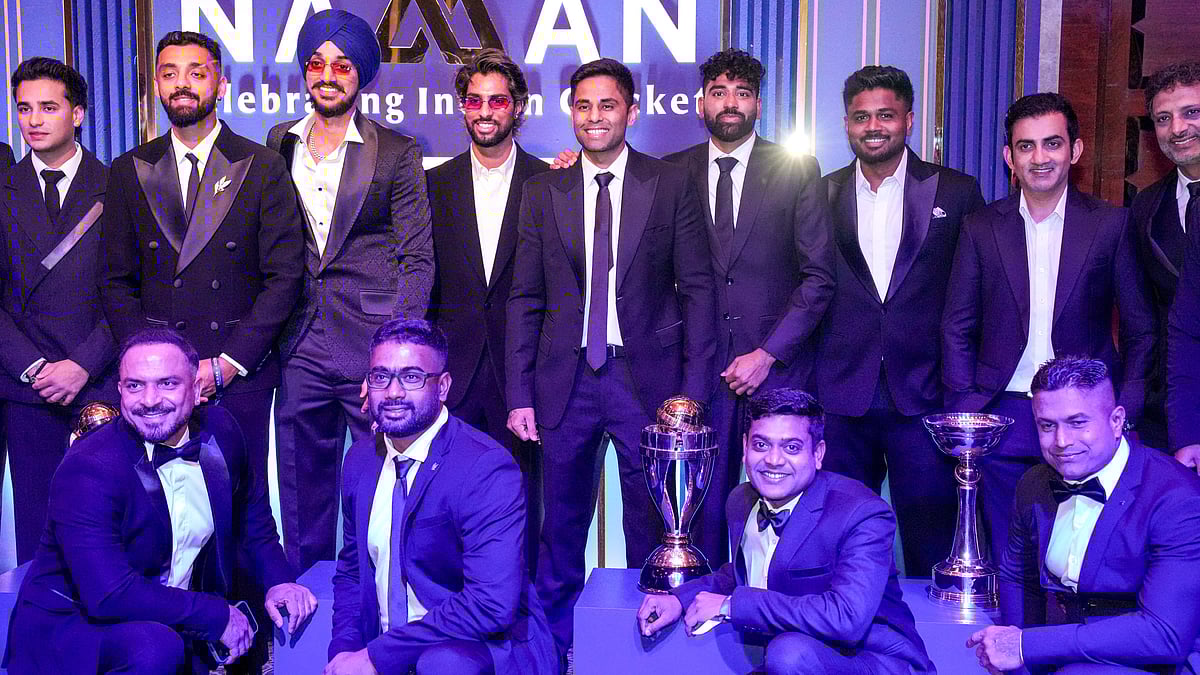 (PTI Photo/Kamal Kishore) : Indian mens cricket team captain Suryakumar Yadav with teammates during the BCCI Naman Awards 2026, in New Delhi, Sunday, March 15, 2026. 