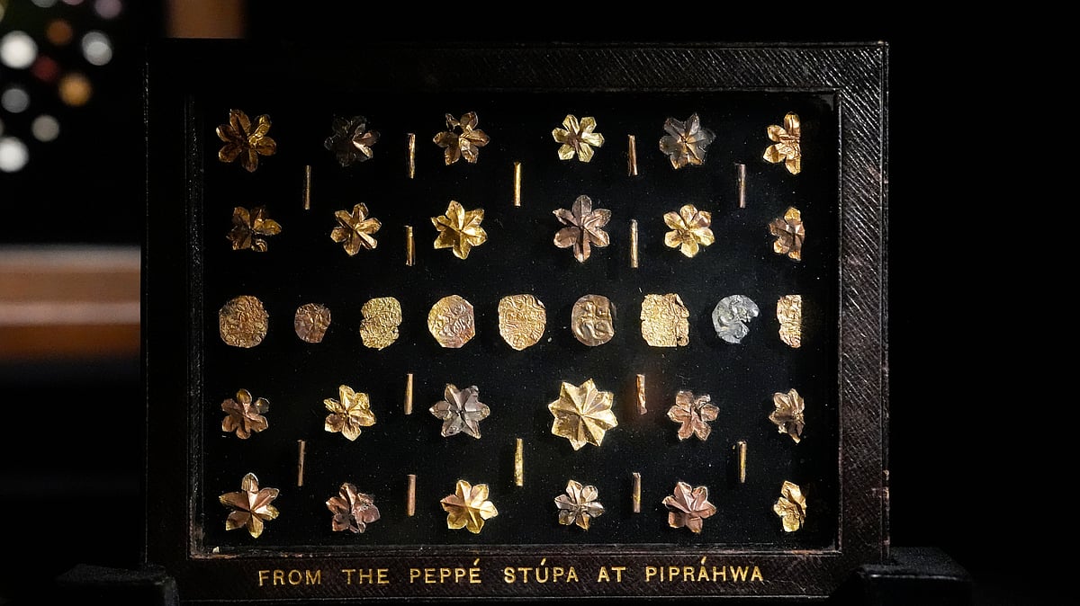 Photo: Vikram Sharma : A few  of the relics that were taken out of the country by Peppe and repatriated in 2025. 
In 1898, William Claxton Peppé discovered the Piprahwa gem relics, which led to 349 gem relics being placed under his custody. A significant portion of these relics became part of the Imperial Museum in Calcutta, now known as the Indian Museum in Kolkata. The museum classified these relics as ‘AA’ antiquities, which prohibited their sale and restricted their movement. However, they are now displayed in this magnificent exhibition for the first time and reunited with the repatriated gem relics which were once taken away from India by the Peppé family. These gems, made from semiprecious stones, pearls, and beads, are shaped into emblems such as the tri-ratna, bird, leaf, and lotus motifs. Alongside these gems are numerous pieces of gold and silver leaf, some of which are impressed with crosses, lions, and early Buddhist symbols. Among the unique pieces is a group of tiny ornaments referred to as “star-shaped flowers” by Harry Falk. These jewels were carved from small, flat stone cones, hollowed at the centre and shaped into six or more petals by meticulously sawing the stone between them. This process required great skill and precision. Each ornament has a central perforation, indicating that they were initially strung, possibly as part of a necklace, garland, or decorative textile. A faint circular mark where the petals meet suggests that they were shaped using a thread saw, a delicate ancient tool.