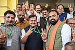 | Photo: PTI : Bihar Deputy Chief Minister Samrat Choudhary, right front, with BJP National President and NDA candidate Nitin Nabin, centre front, during voting in the Rajya Sabha polls, at Vidhan Sabha in Patna.