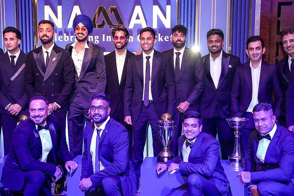 | Photo: PTI/Kamal Kishore : Indian mens cricket team captain Suryakumar Yadav with teammates during the BCCI Naman Awards 2026, in New Delhi.