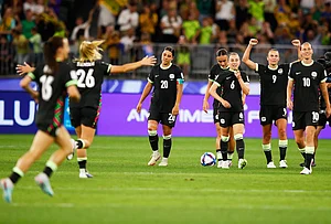| Photo: AP/Gary Day : Australian players react following the Women's Asian Cup semifinal soccer match between China and Australia in Perth, Australia.