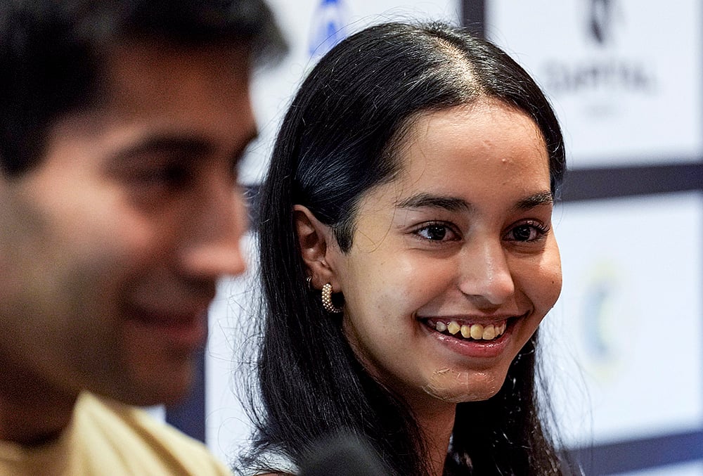 | Photo: PTI/Kunal Patil : Squash players Anahat Singh, right, and Ramit Tandon address a press conference ahead of the JSW Indian Open 2026 squash tournament, in Mumbai, Maharashtra.