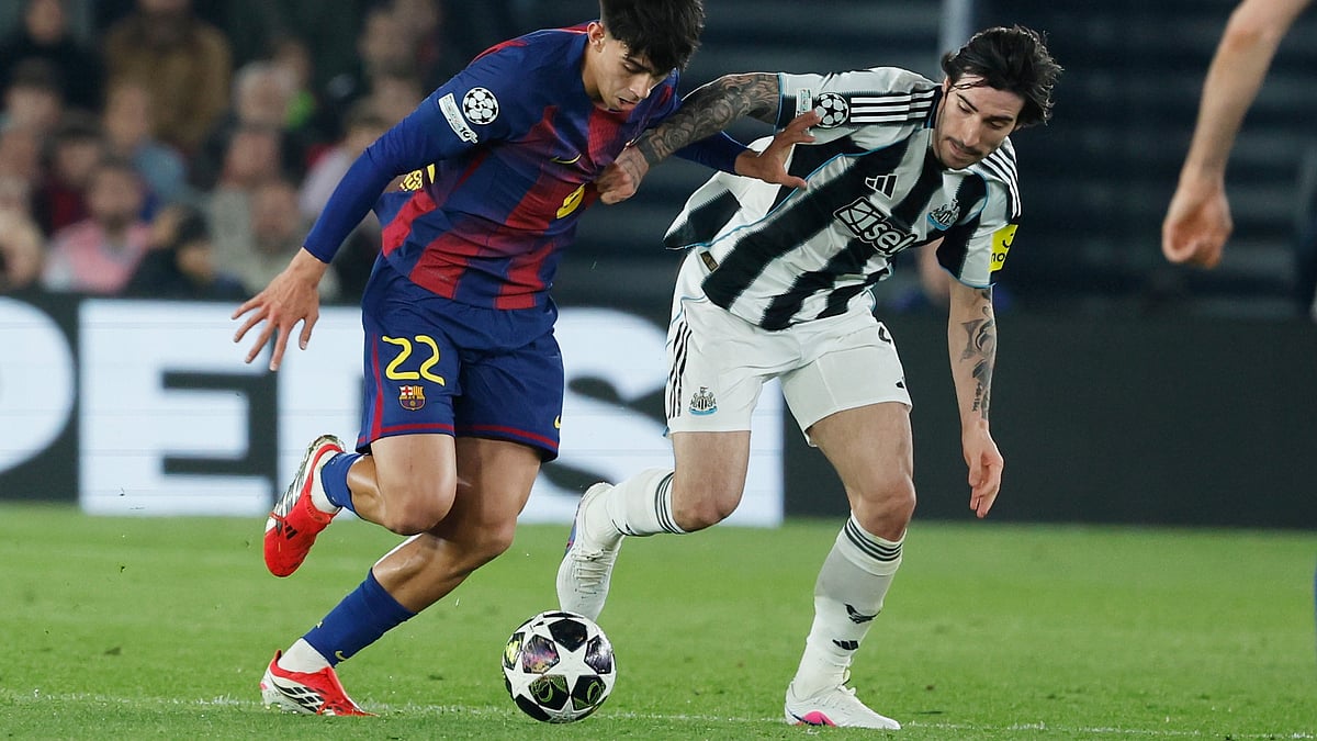 | Photo: AP/Joan Monfort : Newcastle's Sandro Tonali, right, tries to stop Barcelona's Marc Bernal during the Champions League round of 16, second leg soccer match between FC Barcelona and Newcastle United FC in Barcelona, Spain, Wednesday, March 18, 2026.