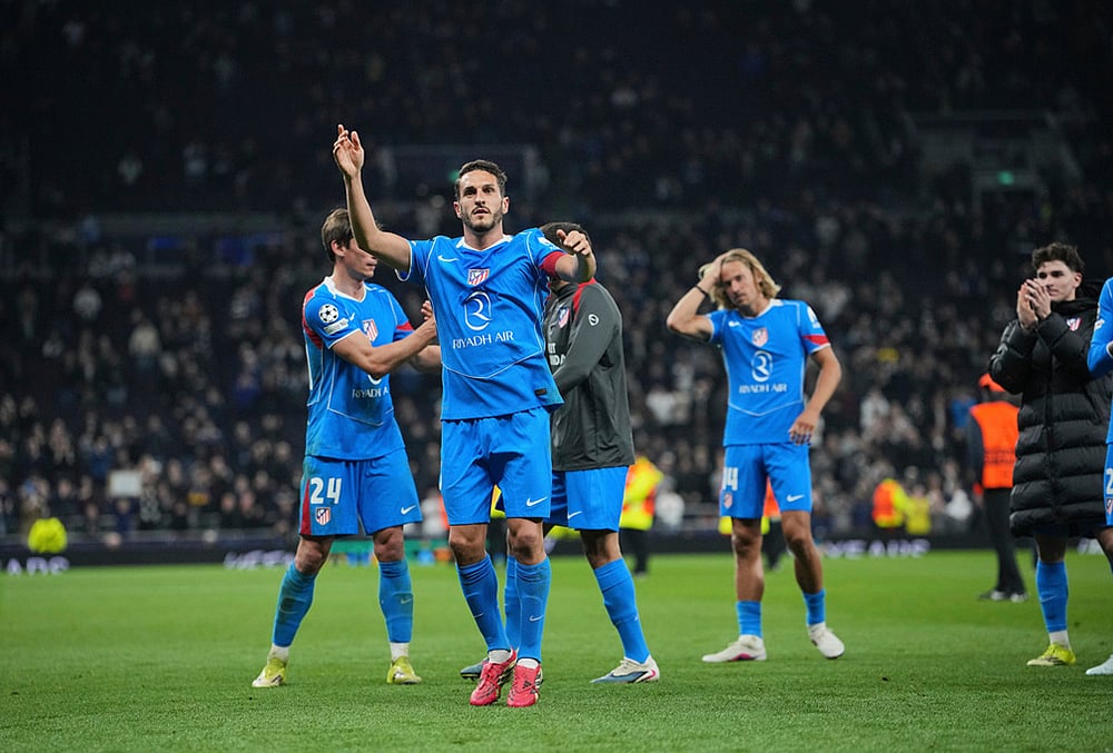 | Photo: AP/Kin Cheung : Atletico Madrids Koke, second from left, celebrates after the Champions League round of 16, second leg soccer match between Tottenham and Atletico Madrid in London, England.