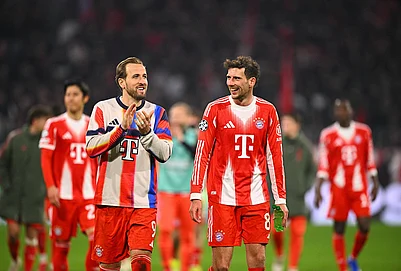 | Photo: Tom Weller/dpa via AP : Bayern Munichs Harry Kane and Leon Goretzka react after a match against Atalanta Bergamo in Munich, Germany.