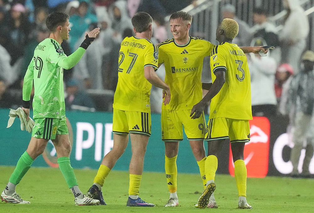 | Photo: AP/Marta Lavandier : Nashville players celebrate after defeating Inter Miami in a CONCACAF Champions Cup Round of 16 soccer match, Wednesday, March 18, 2026, in Fort Lauderdale, Florida. 