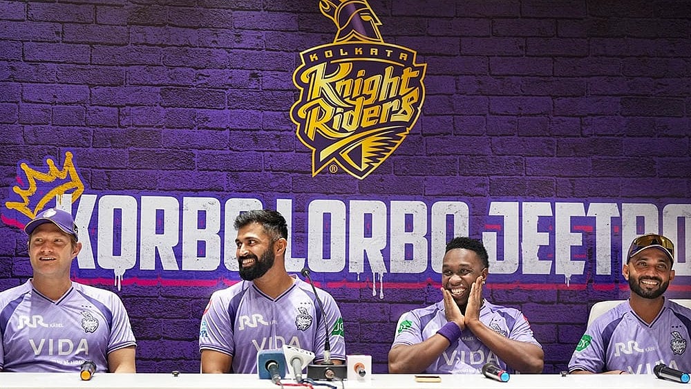 | Photo: PTI/Swapan Mahapatra : From left, Kolkata Knight Riders (KKR) assistant coach Shane Watson, head coach Abhishek Nayar, mentor Dwayne Bravo and captain Ajinkya Rahane during a press conference ahead of the IPL 2026 season, at Eden Gardens in Kolkata.