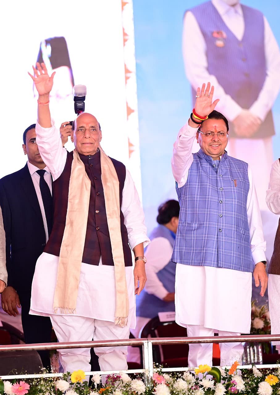 Defense Minister Rajnath Singh with Uttarakhand CM Dhami