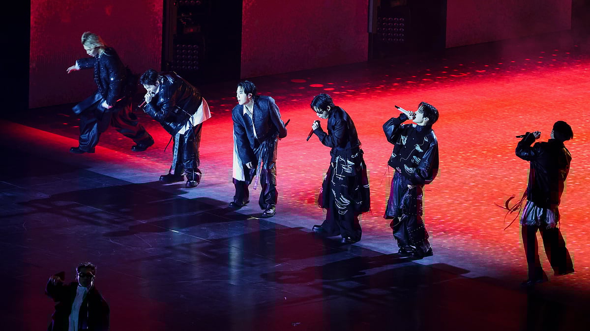 | Photo: Pool Photo/Kim Hong-Ji via AP : Kpop group BTS perform during BTS The Comeback Live Arirang concert in central Seoul, South Korea, March 21, 2026.