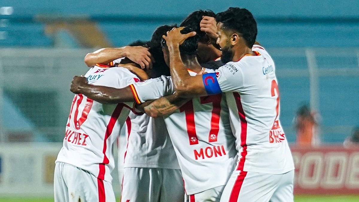 bengalurufc/X : Bengaluru FC footballers celebrating a goal against Inter Kashi during ISL 2025-26 clash in Kolkata. 