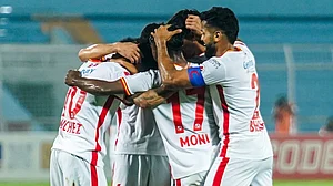 bengalurufc/X : Bengaluru FC footballers celebrating a goal against Inter Kashi during ISL 2025-26 clash in Kolkata.