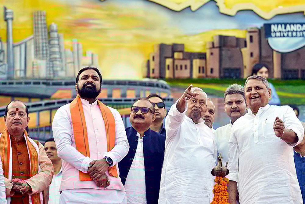 | Photo: PTI : Bihar Chief Minister Nitish Kumar with state Deputy CM Samrat Choudhary during an event on Bihar Diwas, the day on which the province, which was earlier a part of the Bengal presidency, came into being over a century ago, in Patna.