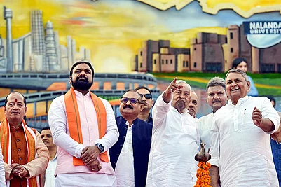 | Photo: PTI : Bihar Chief Minister Nitish Kumar with state Deputy CM Samrat Choudhary during an event on Bihar Diwas, the day on which the province, which was earlier a part of the Bengal presidency, came into being over a century ago, in Patna.