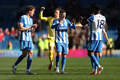 | Photo: AP/Ian Walton : Brighton players reacts after the English Premier League soccer match between Brighton and Liverpool in Brighton.